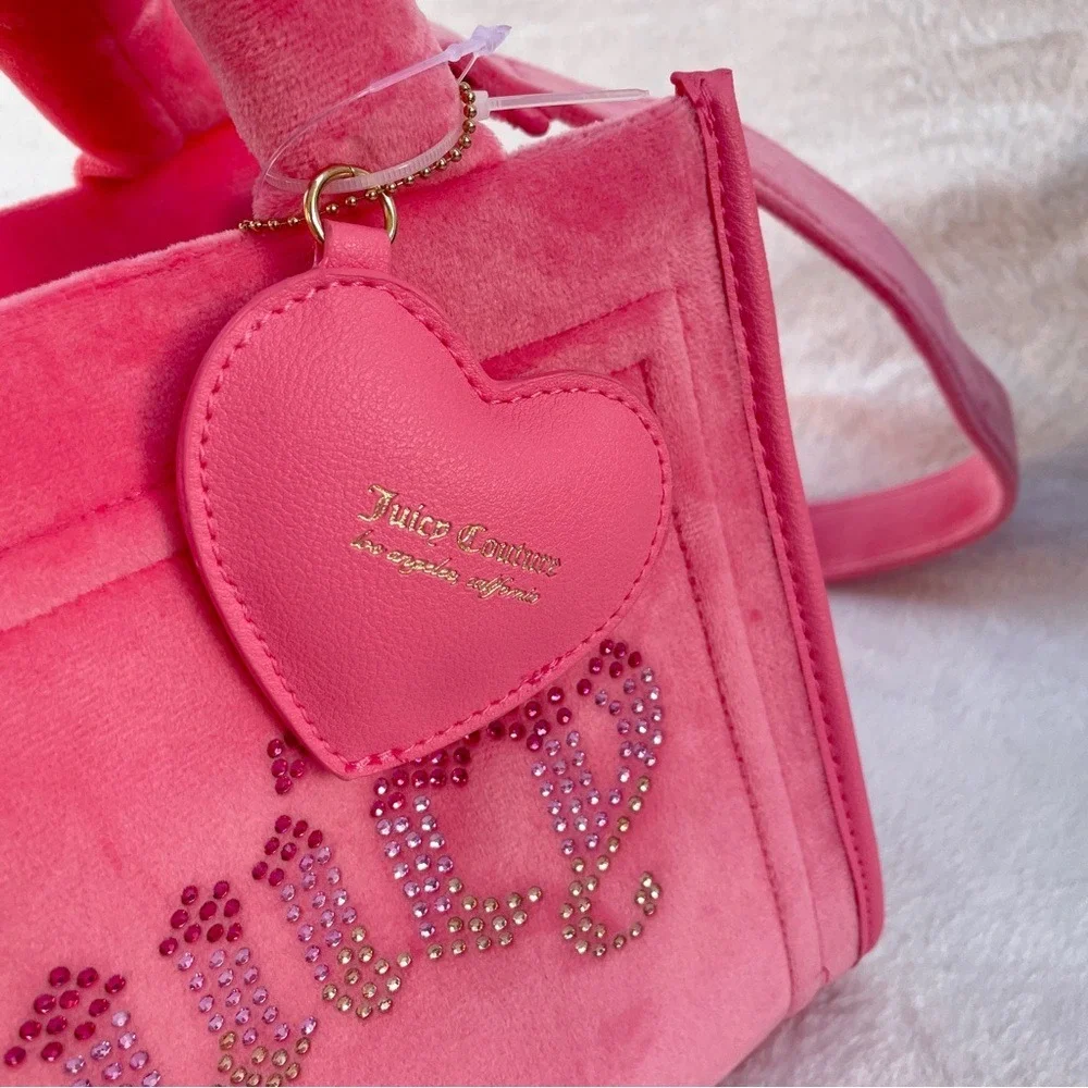 NEW Juicy Couture Pink‎ Velour Rhinestone Logo Tote Crossbody Bag NWT